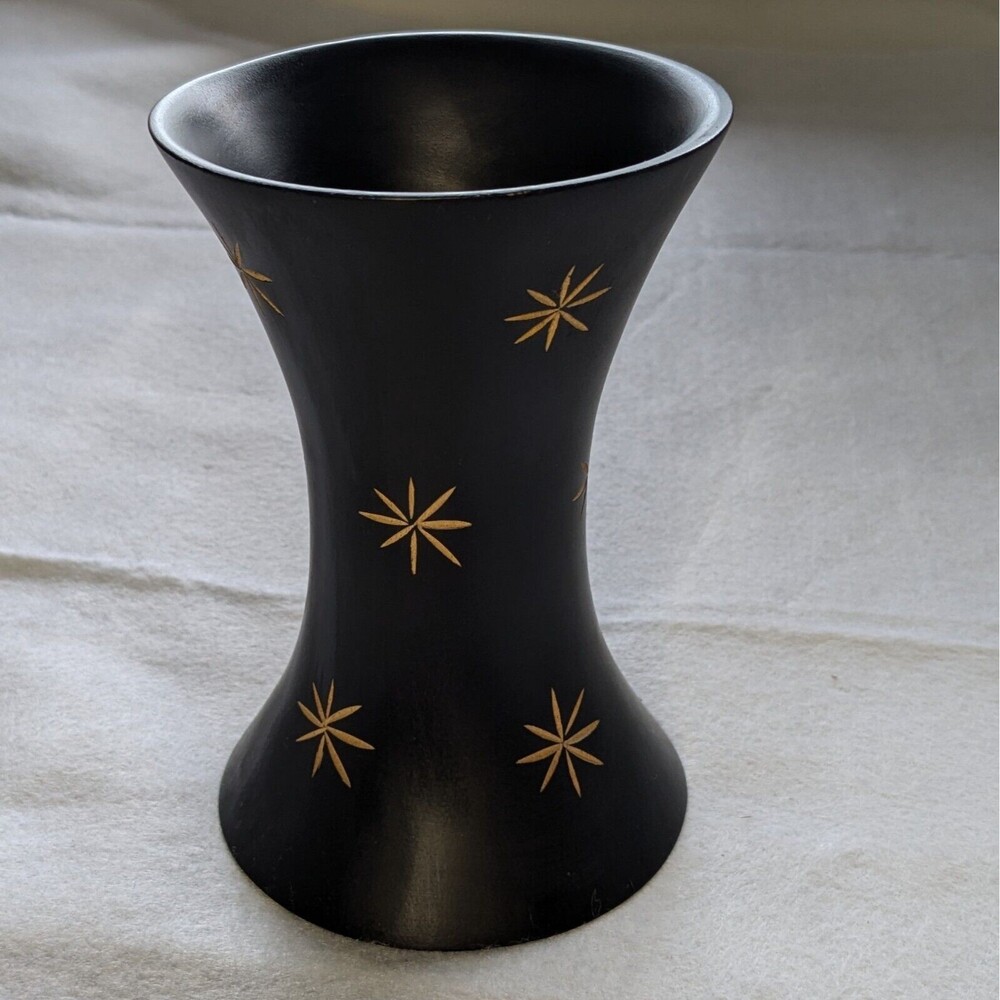 Hand Carved Etched Mango Wood Vase MCM-style Stars/Made In Jamaica 6in Tall